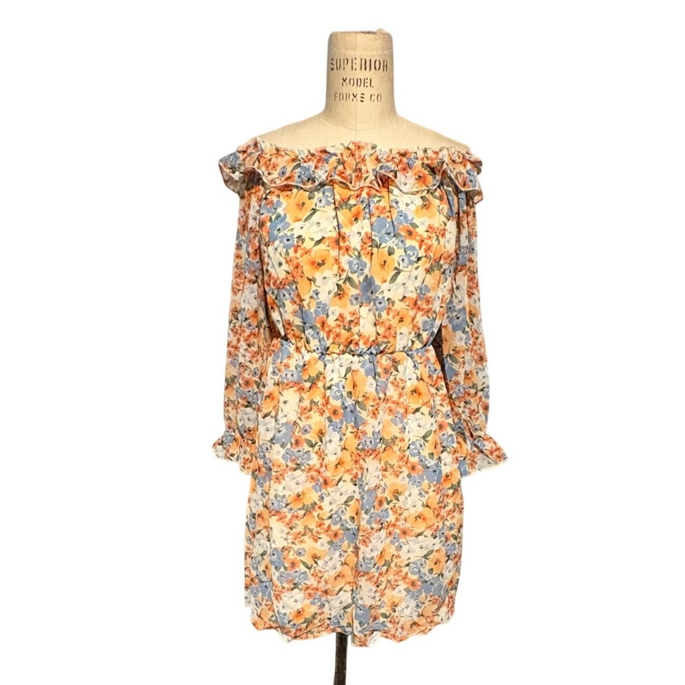 NWT Women M Floral Off The Shoulder Ruffle Mini Dress Orange Blue Easter Wedding